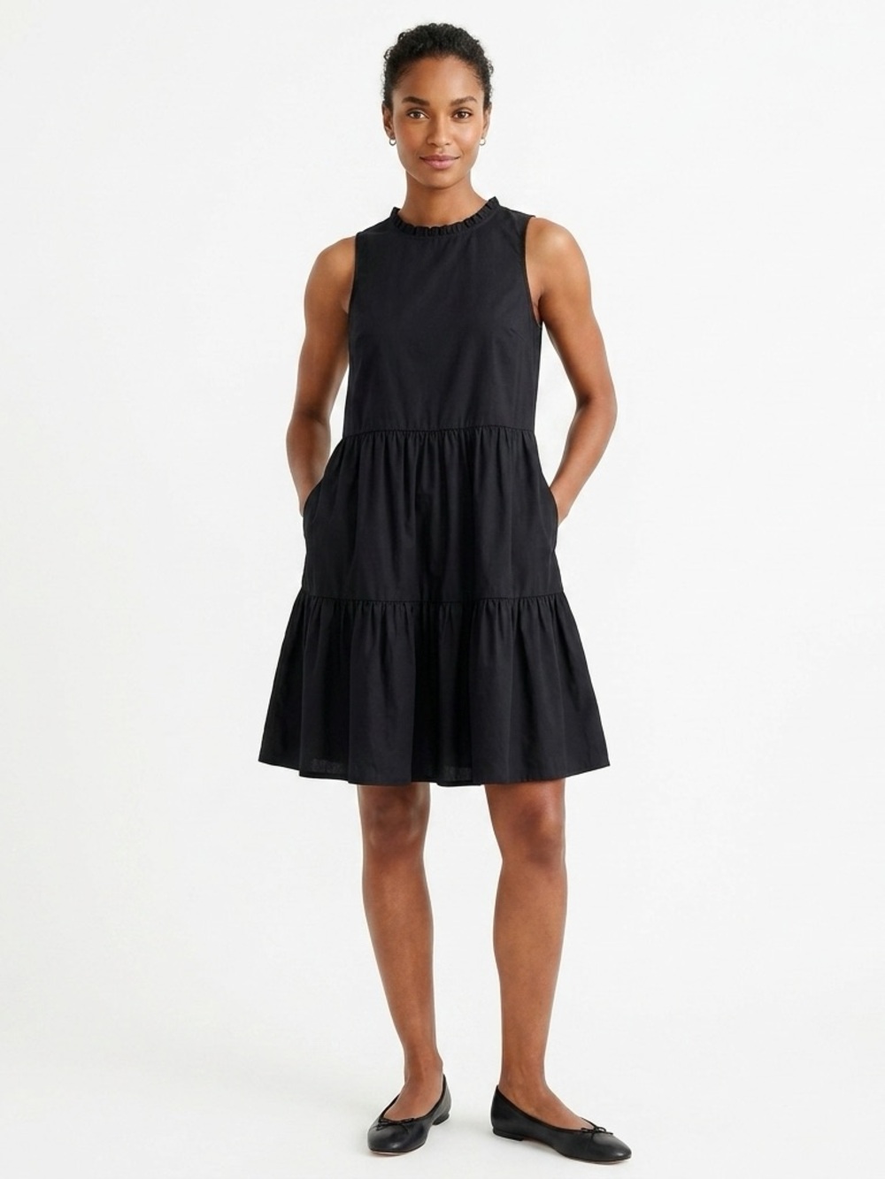 J.Crew Black Cotton Tiered Ruffle Neck Mini Dress Size 0 Sleeveless Side Zip